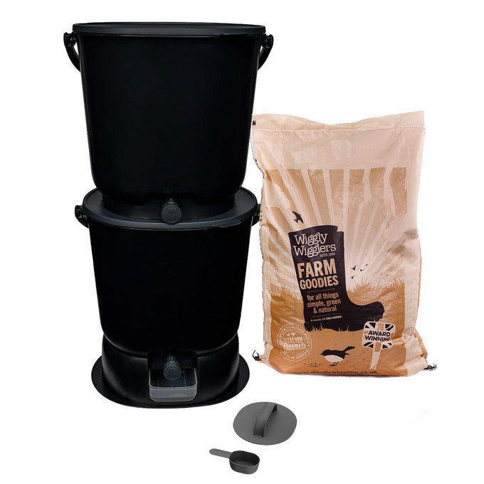 Organko Essential Black Twin Pack Bokashi Bin with 1kg Bokashi